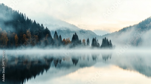 This image depicts a serene mountain landscape, with a still lake reflecting the foggy mountains and dense pine forests.