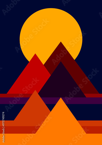 Midnight yellow moon and colorful pyramids in mystical egypt deserts, vector illustration