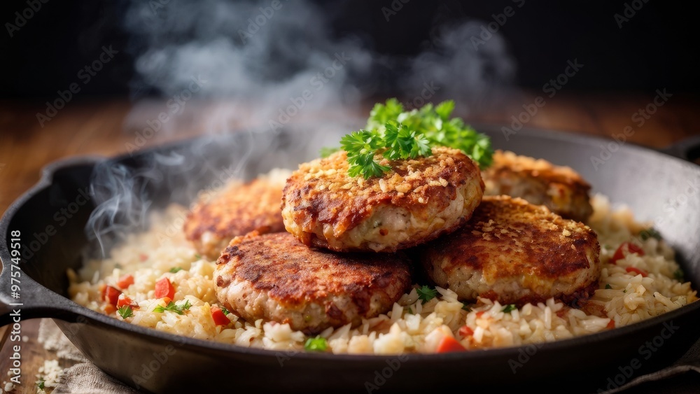 Smoked meat cutlets stuffed with sauerkraut and breadcrumbs, lightly rolled in breadcrumbs, fried in a frying pan, laid out on a pile of steaming porridge. Smoked meat cutlets stuffed with sauerkraut and breadcrumbs, lightly rolled in breadcrumbs, fried in a frying pan, laid out on a pile of steaming porridge.