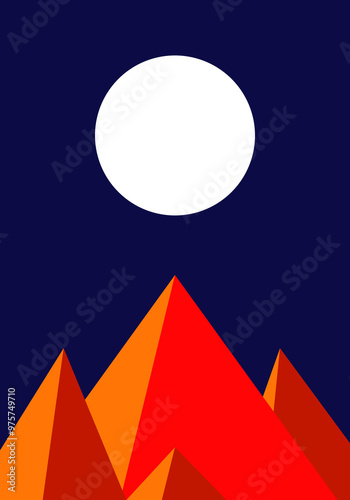 Midnight white moon and colorful pyramids in mystical egypt deserts, vector illustration