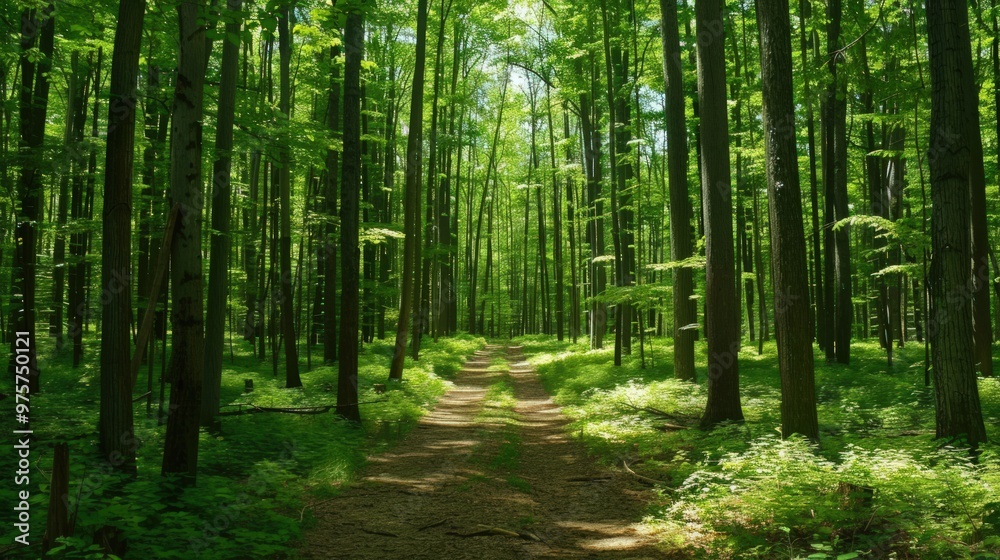 Sun Dappled Path Through a Verdant Forest Sun Dappled Path Through a Verdant Forest