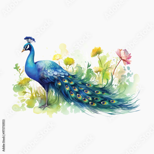 Vibrant peacock amidst blooming flowers