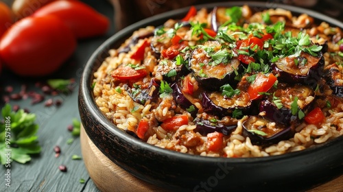 Turkish Traditional Rice Pilav with Karniyarik (Riven Belly) Aubergine Eggplant Meal