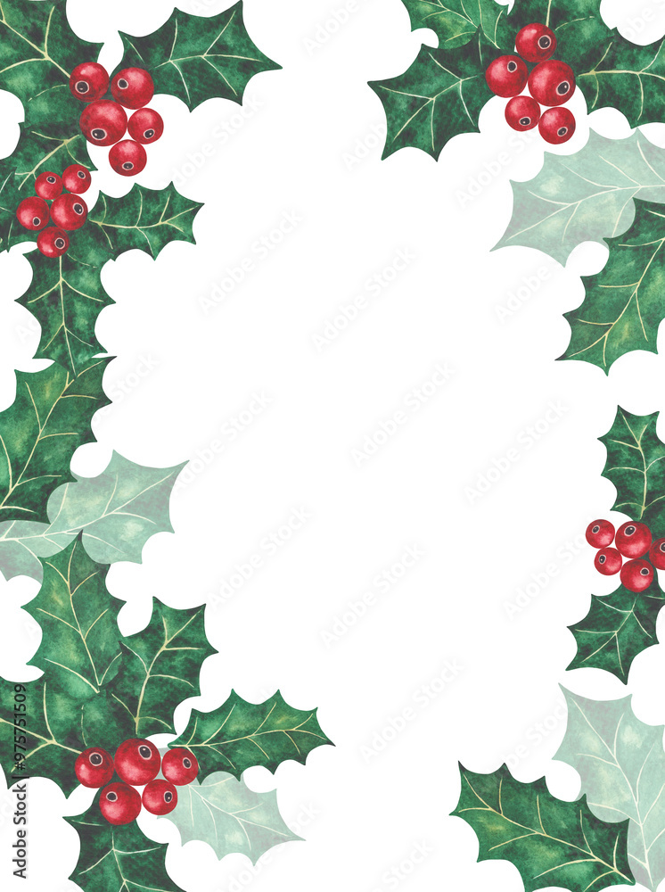 Frame of hand-painted watercolor illustrations of holly leaves and berries. Christmas frame of holly leaves and berries. Perfect for festive Christmas decor. Frame of hand-painted watercolor illustrations of holly leaves and berries. Christmas frame of holly leaves and berries. Perfect for festive Christmas decor.