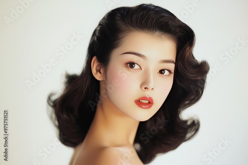 1950s Japanese supermodel, noir, on a solid white background with fair skin tone, subtle makeup, soft glam eyeshadow, and vintage hairstyle with voluminous waves in commercial stock beauty photography