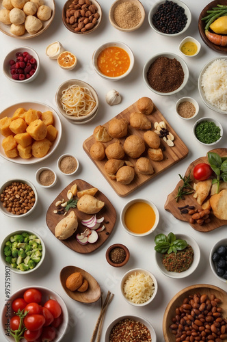 Selection of healthy food on the table, top down view