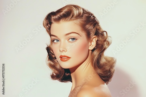 1950s caucasian supermodel, noir, on a solid white background.model with a fair skin tone and subtle makeup, soft glam eyeshadow She is young and has striking beauty, vintage hairstyle with voluminou