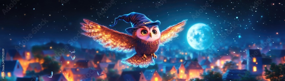 Obraz premium Owl dressed as a witch flying over a moonlit village, witch owl, spooky nocturnal creature