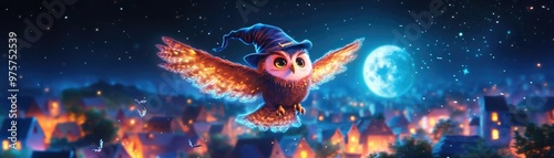 Owl dressed as a witch flying over a moonlit village, witch owl, spooky nocturnal creature