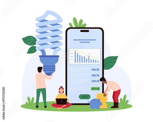 Utility bill payment, awareness of need to reduce electricity consumption. Tiny people use energy saving light bulb, check and pay per kilowatt of electricity in mobile app cartoon vector illustration photo