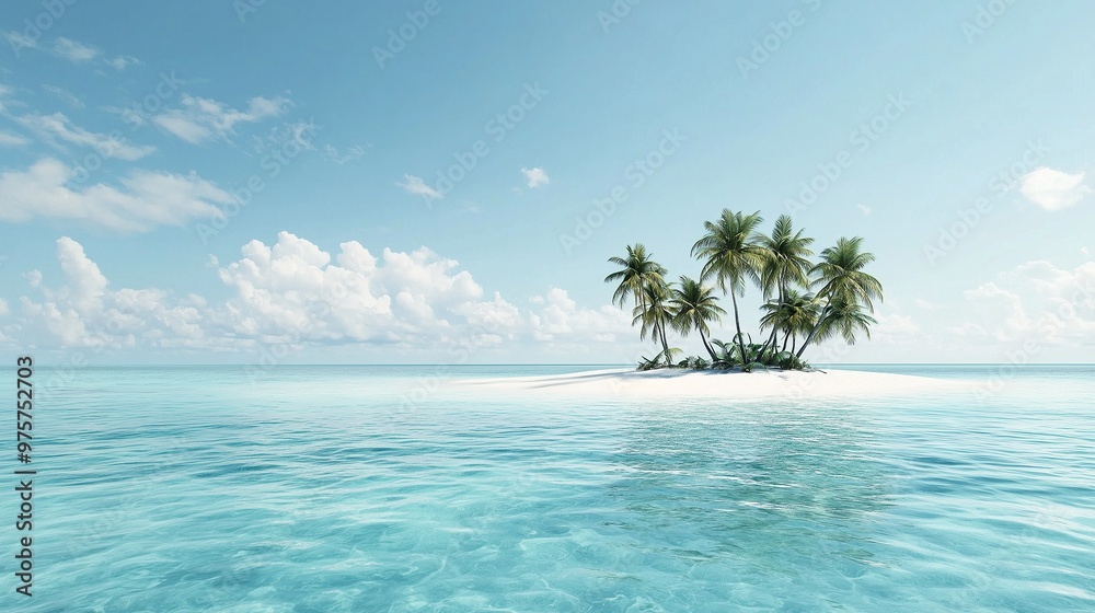 Fototapeta premium A stunning tropical paradise featuring a white sandy beach lined with tall palm trees, surrounded by crystal-clear turquoise waters under a bright blue sky with fluffy clouds.