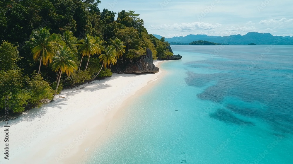 Fototapeta premium A stunning tropical paradise featuring a white sandy beach lined with tall palm trees, surrounded by crystal-clear turquoise waters under a bright blue sky with fluffy clouds.