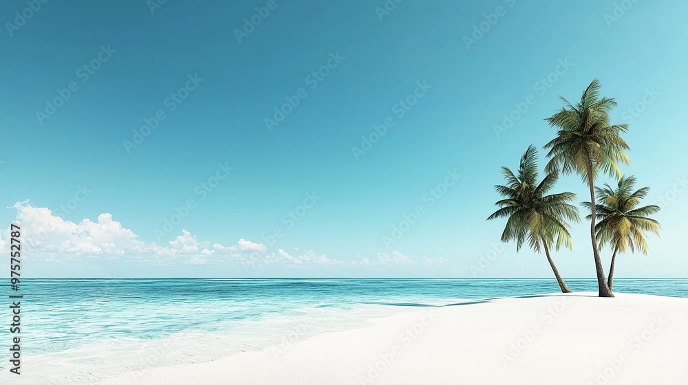A stunning tropical paradise featuring a white sandy beach lined with tall palm trees, surrounded by crystal-clear turquoise waters under a bright blue sky with fluffy clouds. A stunning tropical paradise featuring a white sandy beach lined with tall palm trees, surrounded by crystal-clear turquoise waters under a bright blue sky with fluffy clouds.