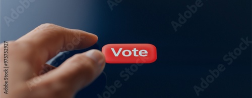 Hand holding a red "Vote" button close-up, symbolizing election participation.