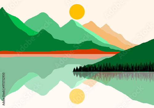 Nature landscape silhouette, vector illustration, forest, lake or river views with green mountain ranges, national parks