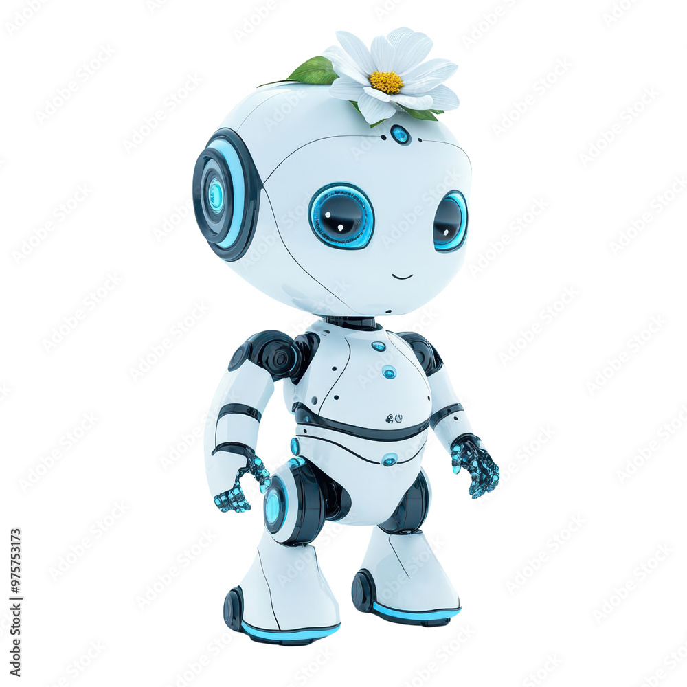 A cheerful robot character adorned with a flower, showcasing creativity in technology and friendly AI designs. A cheerful robot character adorned with a flower, showcasing creativity in technology and friendly AI designs.