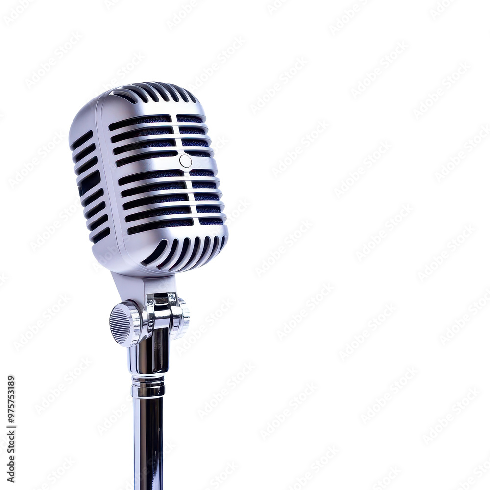 Fototapeta premium A classic silver microphone design, perfect for music, podcasts, and live performances. Ideal for audio-focused projects.
