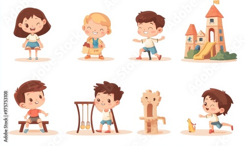 Children and kids! Set of objects: illustrations of cute boys and girls on a playground on the street, on a swing, children build a town and a tower, ride a slide and, Generative AI