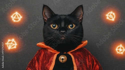 Black cat in a wizard s robe surrounded by glowing magical symbols, wizard cat, mysterious feline in costume photo