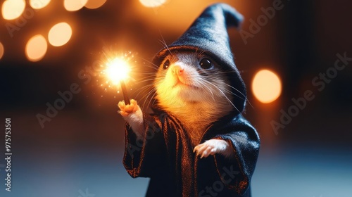 Ferret in a wizard s robe casting a glowing spell in a dark room, wizard ferret, magical pet costume photo