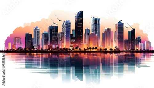 Skylines with Illuminated Buildings Reflecting in the Water, Set Against a White Background