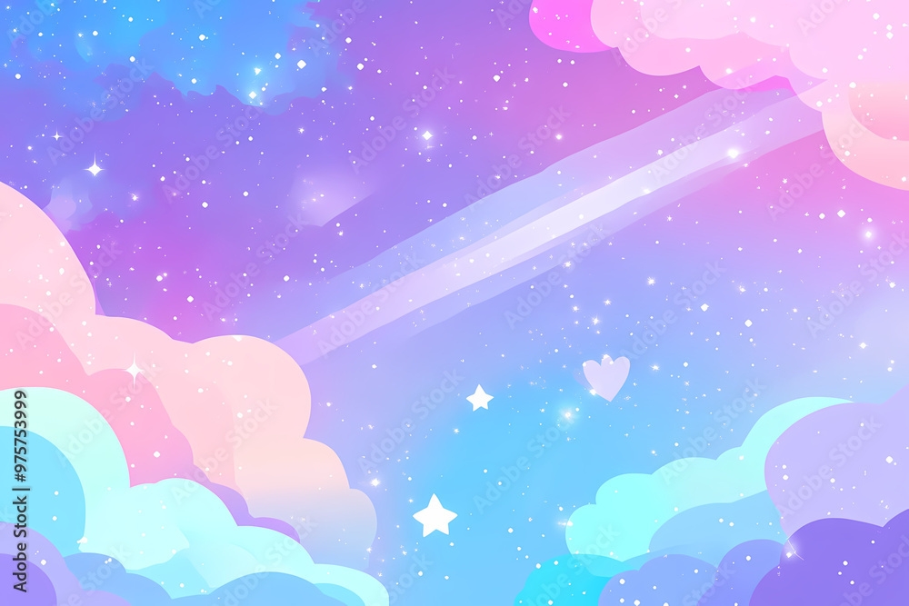 Fototapeta premium Cute pastel galaxy vector background with stars, moon, and clouds in pink, purple, and blue colors