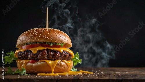 focus photo of delicious looking hamburger on black background made by AI generative