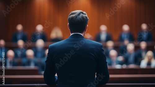 A male lawyer public defender in suit presenting case in court , justice and law concept