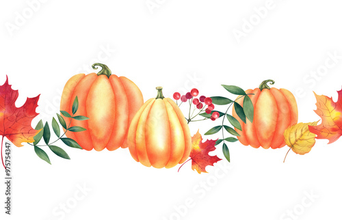 Autumn leaves of maple, oak, birch, viburnum and pumpkin berries on a white background. Seamless border made of watercolor plants. The botanical illustration is made by hand. Clipart for the design photo