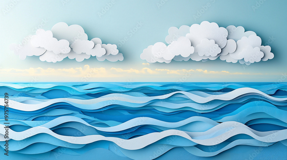 ペーパークラフト風の抽象的な海と雲の風景 ペーパークラフト風の抽象的な海と雲の風景