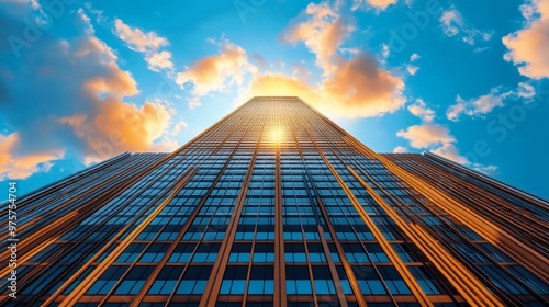 Modern Glass Skyscraper Architecture Against a Blue Sky With Clouds