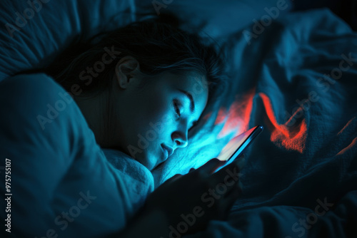 Woman is lying in bed with her eyes almost closed, bathed in the blue light of her smartphone photo