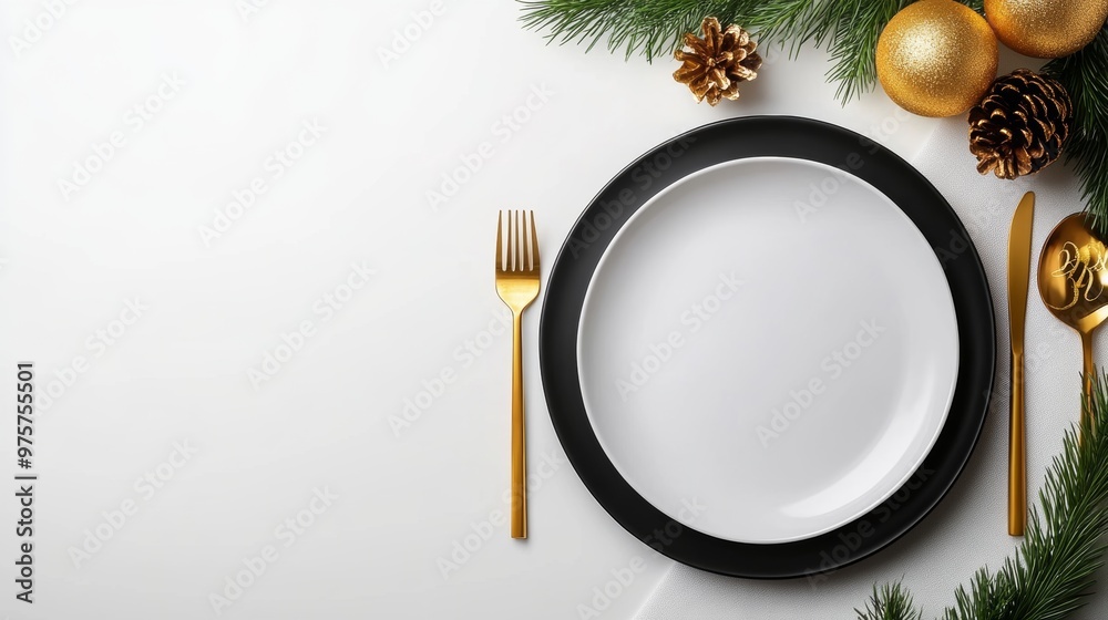 Christmas Table Setting with Gold Cutlery  Pine Branches  and Ornaments