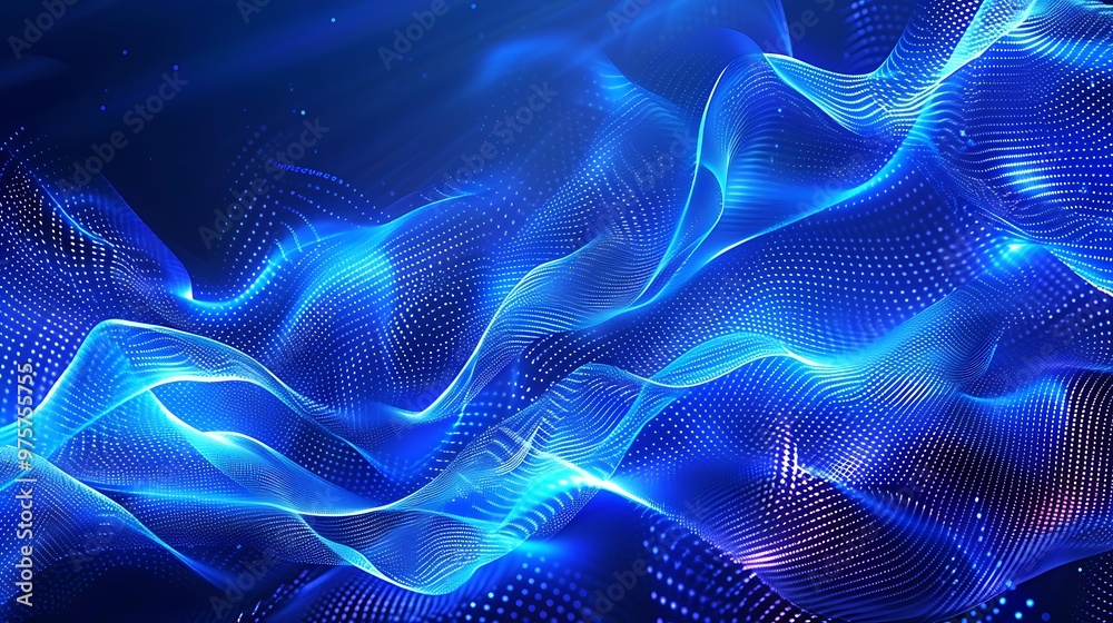 A blue wavy surface with dots and lines isolated on light technology background A blue wavy surface with dots and lines isolated on light technology background