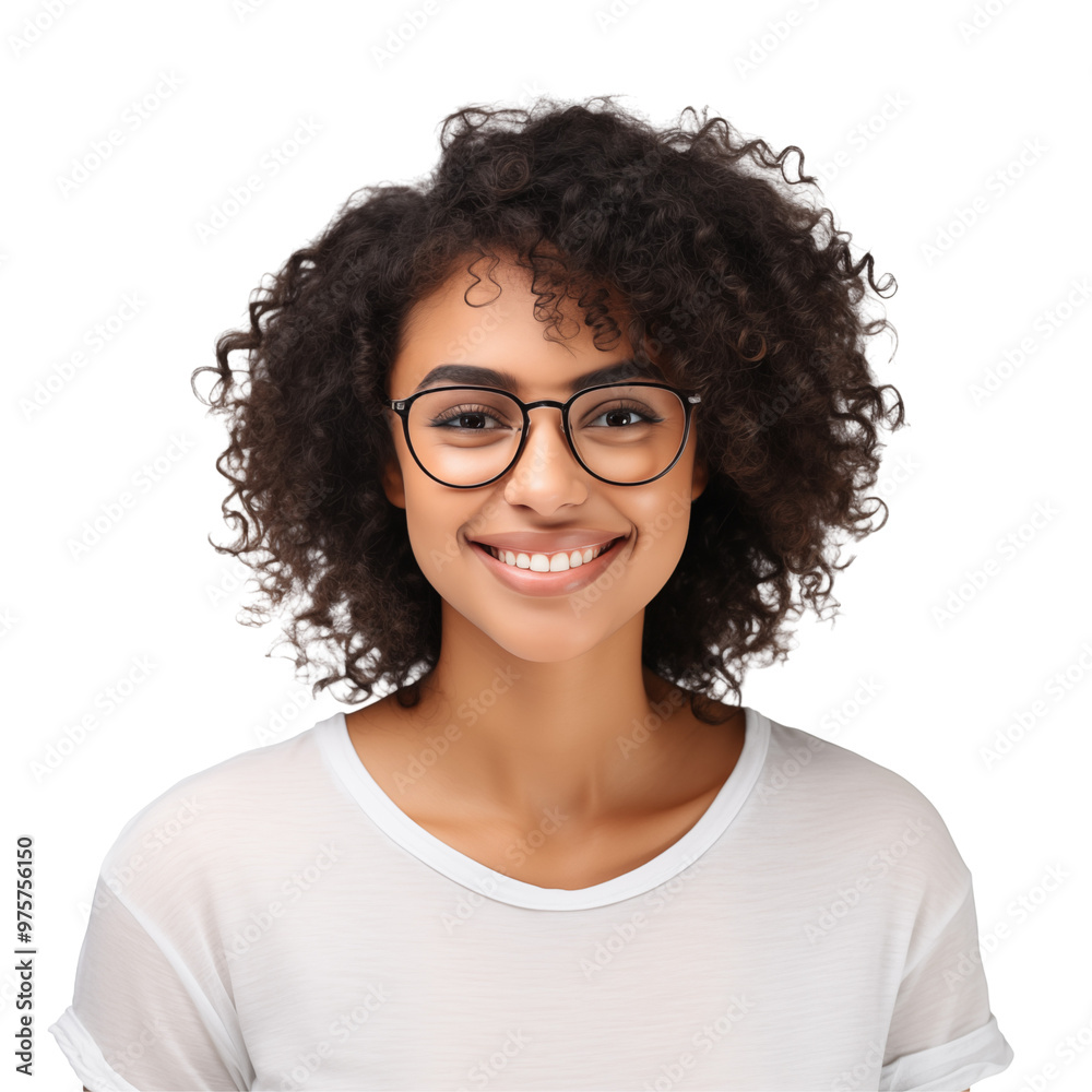 Obraz premium Smiling Woman With Curly Hair And Glasses Wearing A White Shirt On A Transparent Background