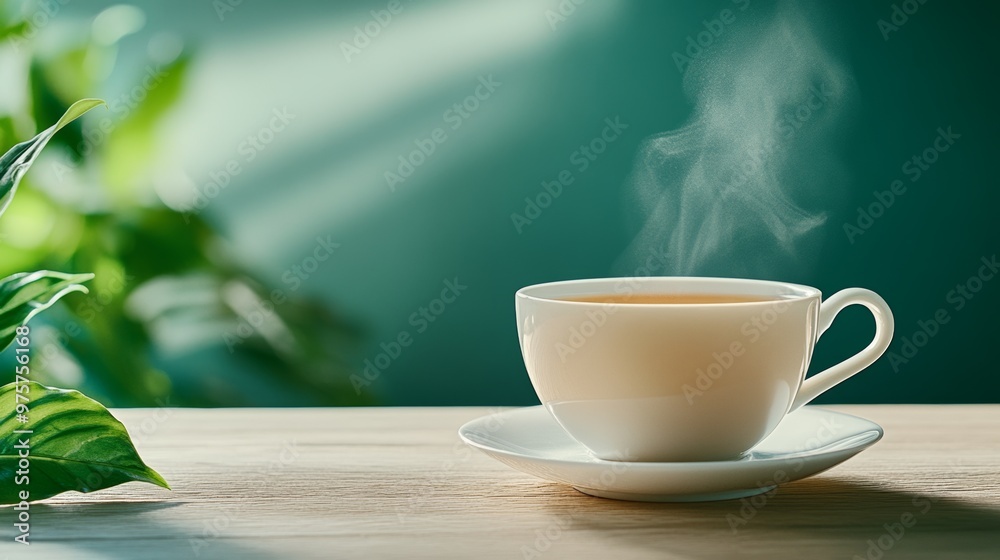 Hot Tea Cup With Steam on Wooden Table and Green Background Hot Tea Cup With Steam on Wooden Table and Green Background