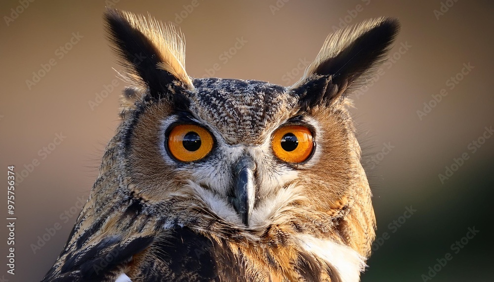 Isolated great horned owl with depth of field showcasing large tufts and striking eyes Isolated great horned owl with depth of field showcasing large tufts and striking eyes