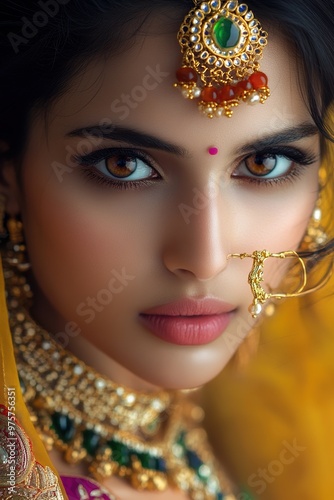 Close-up of a young woman with striking eyes, adorned in elaborate traditional jewelry including a nath and maang tikka, embodying cultural elegance and beauty photo