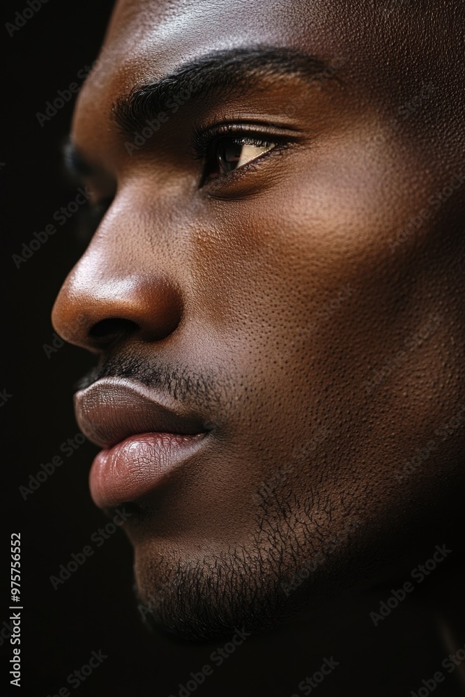 Close-up profile of a man's face showcasing detailed skin texture and a strong, contemplative expression against a dark background Close-up profile of a man's face showcasing detailed skin texture and a strong, contemplative expression against a dark background