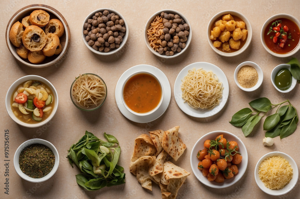 Selection of healthy food on the table, top down view Selection of healthy food on the table, top down view