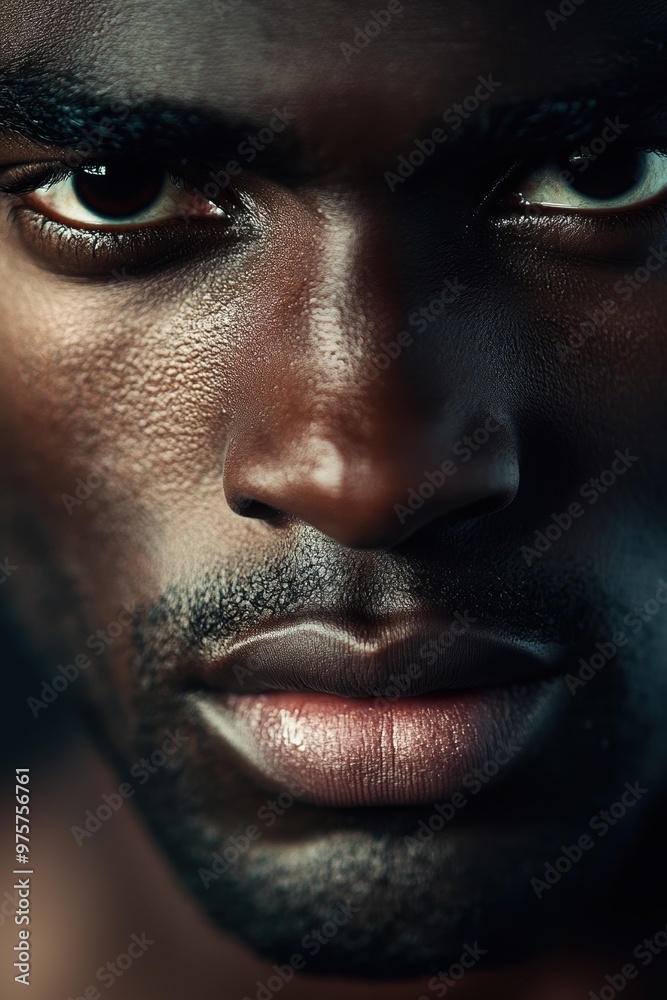 Naklejka premium Close-up of a man's intense and focused gaze, highlighting detailed skin texture and strong facial features, conveying power and determination