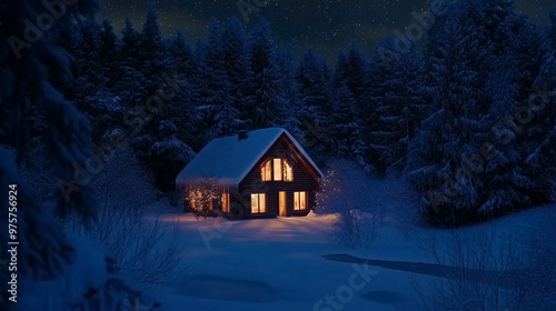 Astrophotography: cozy winter cottage in the heart of a snowy forest, surrounded by tall fir trees, with the cottage lit from inside