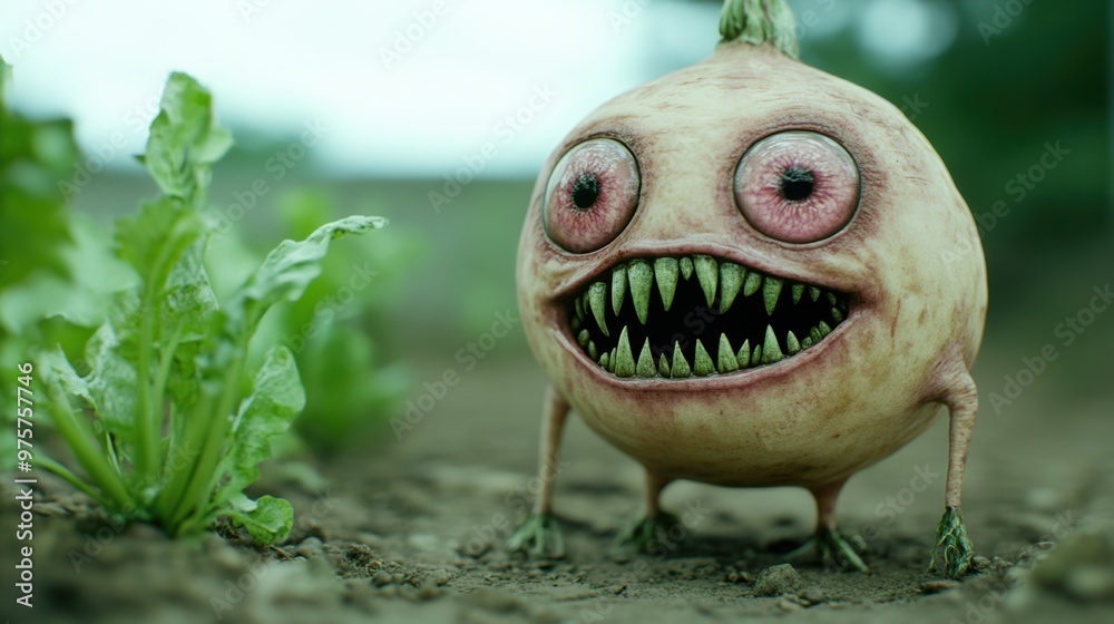 A cartoon looking vegetable with big eyes and fangs standing in dirt, AI A cartoon looking vegetable with big eyes and fangs standing in dirt, AI