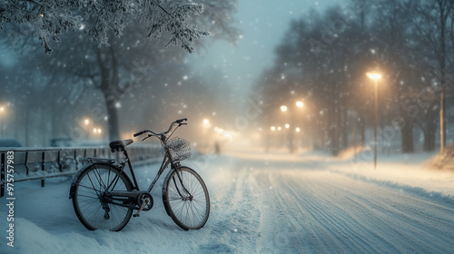 Enchanted Winter Evening: Snow-Covered Bicycle on a City Street