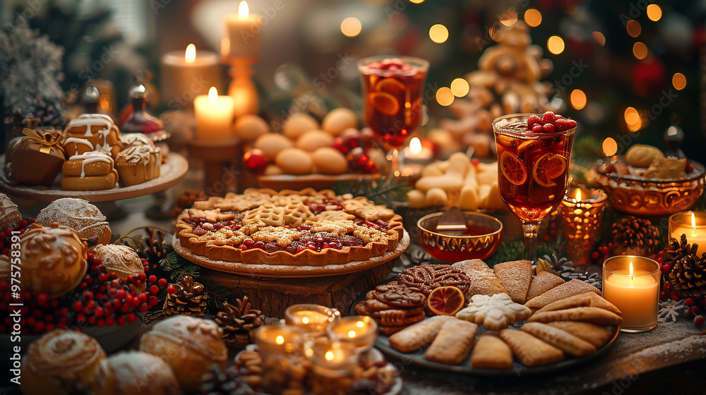 New Year's table with treats. Winter delicacies on the festive table - pies, cookies, hot drinks. Decorations from fir branches, candles, New Year's toys New Year's table with treats. Winter delicacies on the festive table - pies, cookies, hot drinks. Decorations from fir branches, candles, New Year's toys