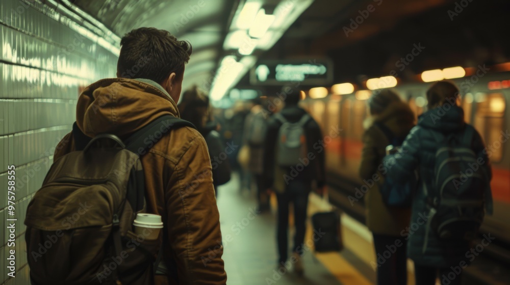 Man waits at a busy subway station during evening rush hour Man waits at a busy subway station during evening rush hour