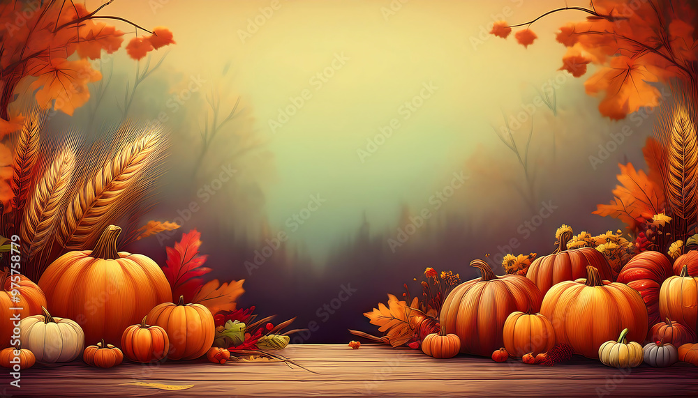 Thanksgiving or fall greeting background, featuring pumpkins and autumn decor, creating a f_1(1014) Thanksgiving or fall greeting background, featuring pumpkins and autumn decor, creating a f_1(1014)