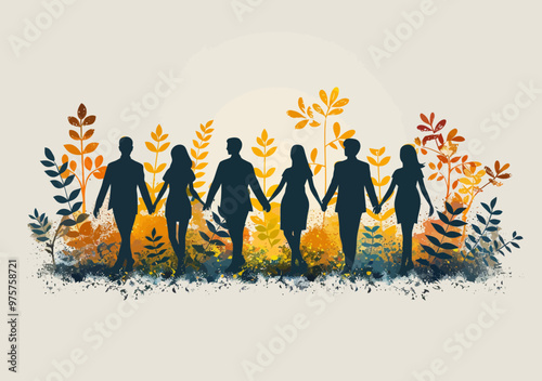 Silhouettes of Team Holding Hands Amidst Colorful Foliage Symbolizing Unity and Cooperation in Business, Vector Illustration