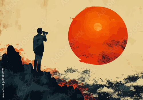 Businessman Looking Through Telescope at Abstract Sunset, Business Future Vision and Goal Setting, Minimalist Vector Illustration
