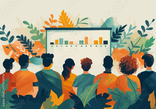 Minimalistic Vector Illustration of a Business Team Learning from a Teacher with Presentation Checklist, Education and Training Concept, Collaborative Office Environment, Daytime, Motivational Theme
